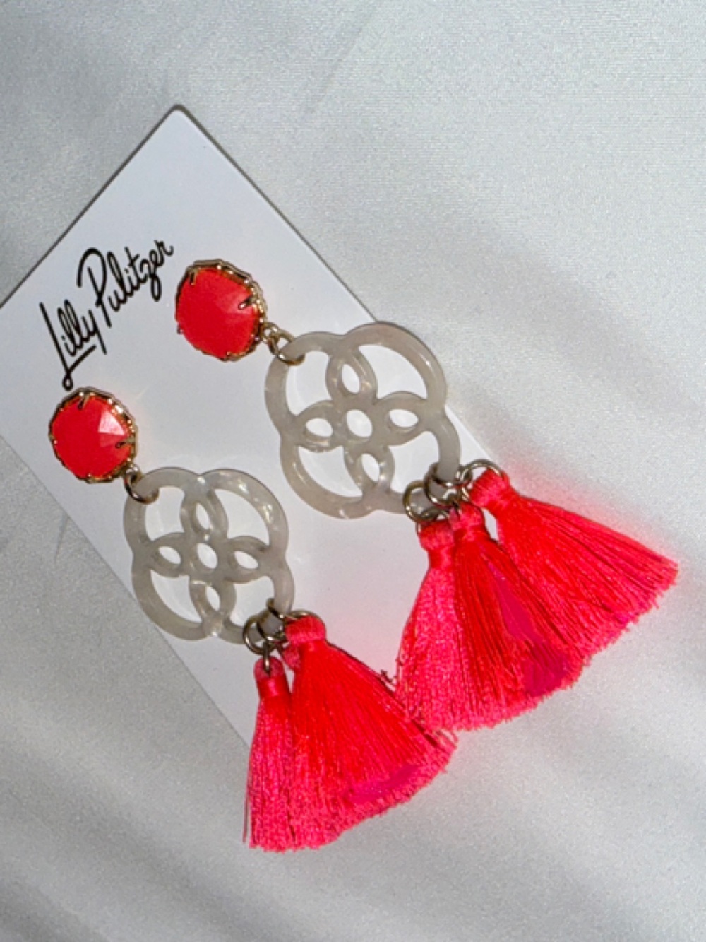 Lilly Pulitzer Neon Coral Tassel Earrings Acrylic Floral Drop Preppy Statement